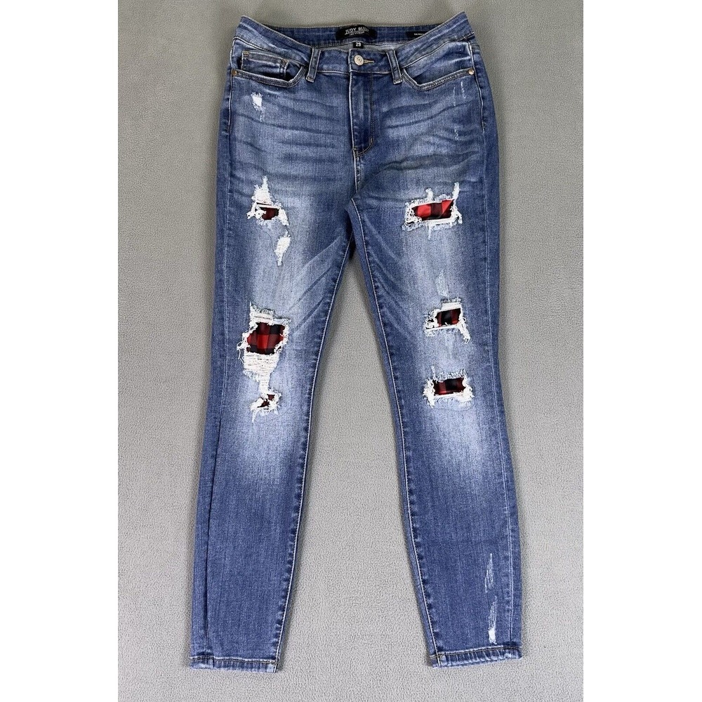 Judy Blue Jeans 29 Blue Skinny Ankle Buffalo Plaid Accent Chic Trendy Distressed